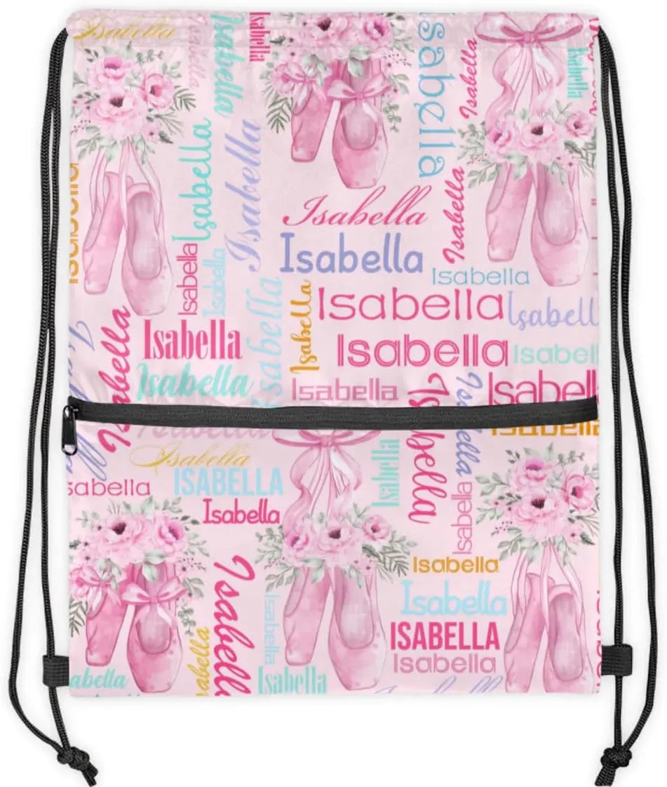 Personalized Drawstring Backpack Dance Bag Gymnastics Bag for Girl, Custom Sport Sackpack String Gym Bag Weekender Bags for Boy Ballet Shoes Pink