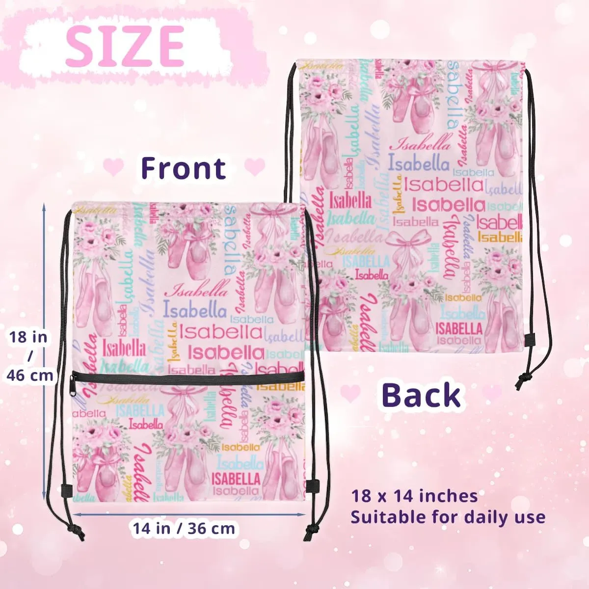 Personalized Drawstring Backpack Dance Bag Gymnastics Bag for Girl, Custom Sport Sackpack String Gym Bag Weekender Bags for Boy Ballet Shoes Pink