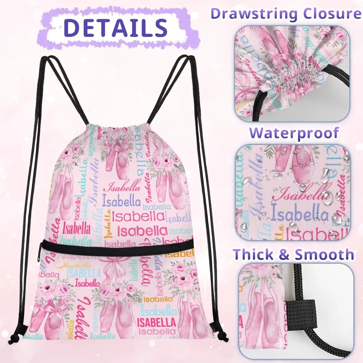 Personalized Drawstring Backpack Dance Bag Gymnastics Bag for Girl, Custom Sport Sackpack String Gym Bag Weekender Bags for Boy Ballet Shoes Pink
