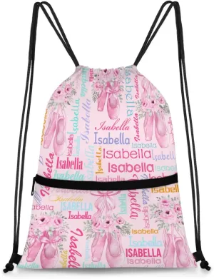 Personalized Drawstring Backpack Dance Bag Gymnastics Bag for Girl, Custom Sport Sackpack String Gym Bag Weekender Bags for Boy Ballet Shoes Pink
