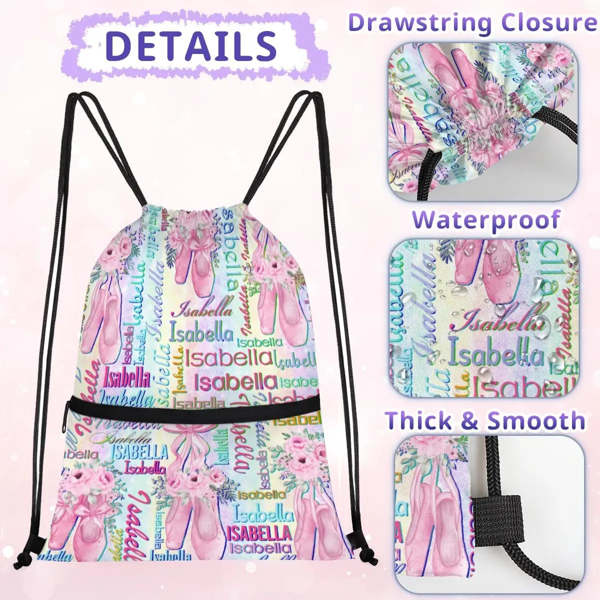 Personalized Drawstring Backpack Dance Bag Gymnastics Bag for Girl, Custom Sport Sackpack String Gym Bag Weekender Bags for Boy Ballet Shoes Purple