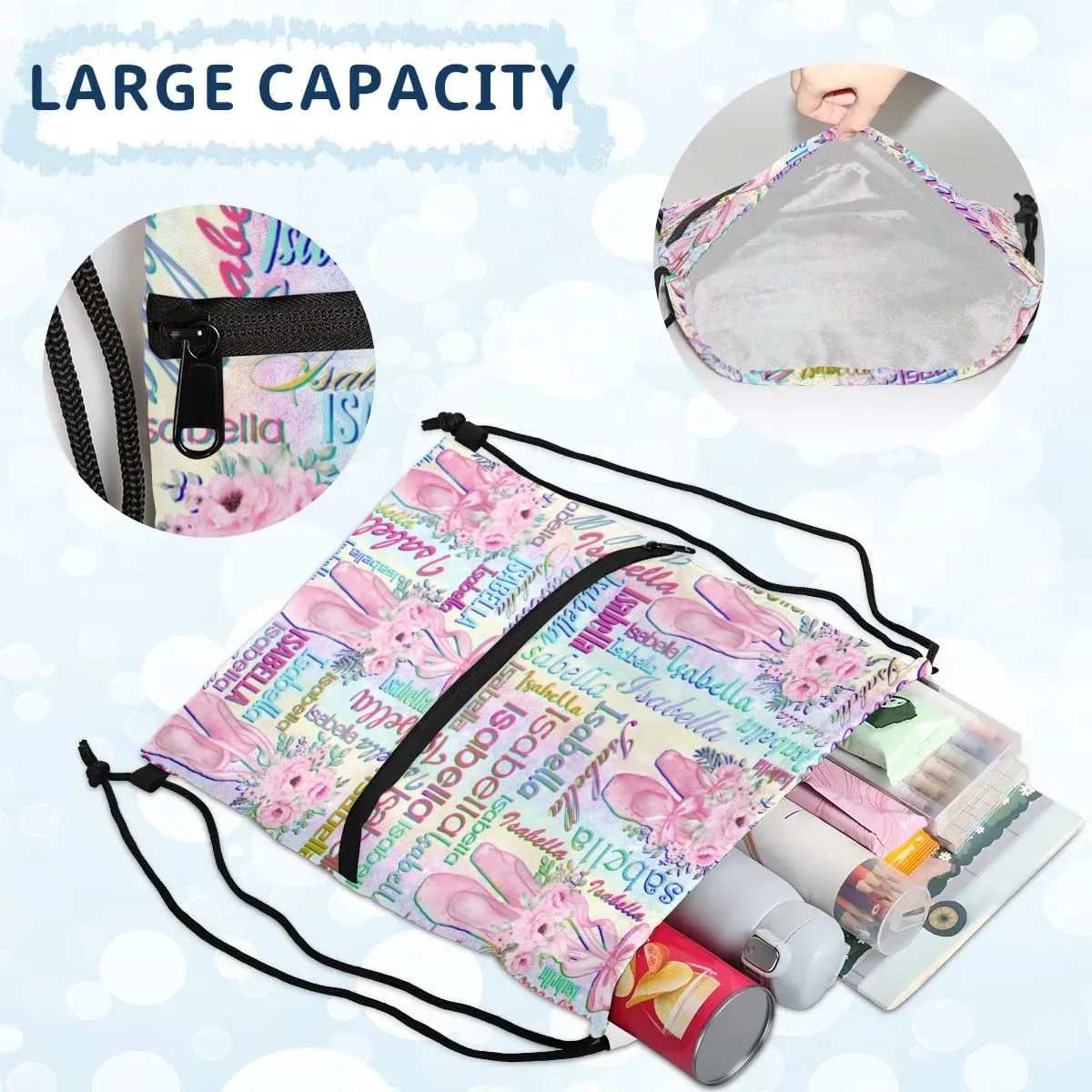 Personalized Drawstring Backpack Dance Bag Gymnastics Bag for Girl, Custom Sport Sackpack String Gym Bag Weekender Bags for Boy Ballet Shoes Purple