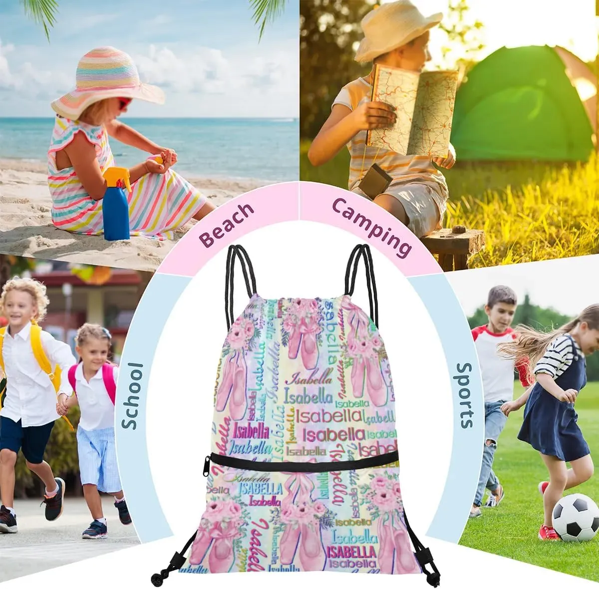 Personalized Drawstring Backpack Dance Bag Gymnastics Bag for Girl, Custom Sport Sackpack String Gym Bag Weekender Bags for Boy Ballet Shoes Purple