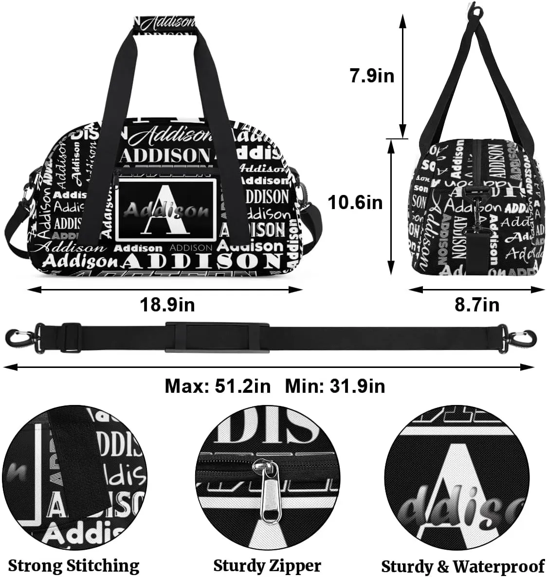 Personalized Duffel Bag Cheerleading Dance Bag Custom Name Text Sport Gym Bags Travel Weekend Travel Bag Overnight Bag for Women/Men, Black