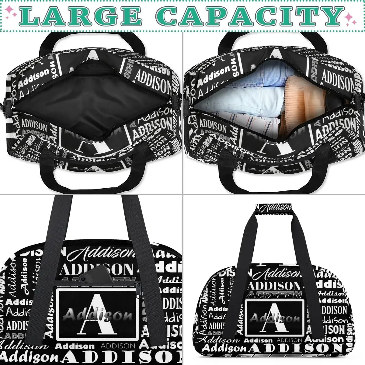 Personalized Duffel Bag Cheerleading Dance Bag Custom Name Text Sport Gym Bags Travel Weekend Travel Bag Overnight Bag for Women/Men, Black
