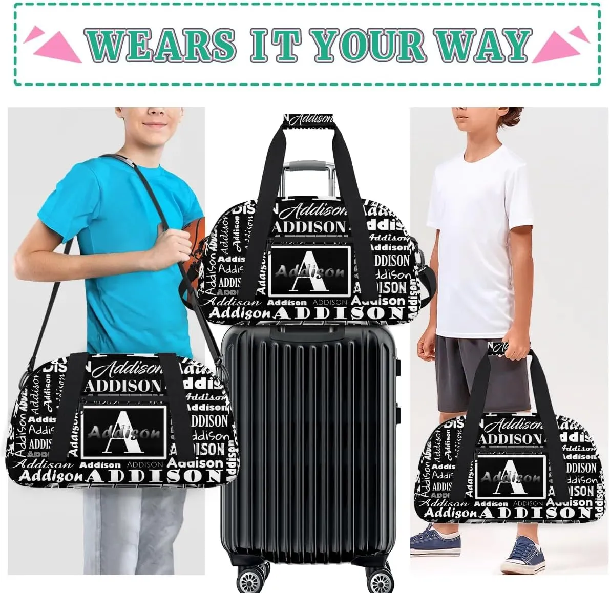 Personalized Duffel Bag Cheerleading Dance Bag Custom Name Text Sport Gym Bags Travel Weekend Travel Bag Overnight Bag for Women/Men, Black