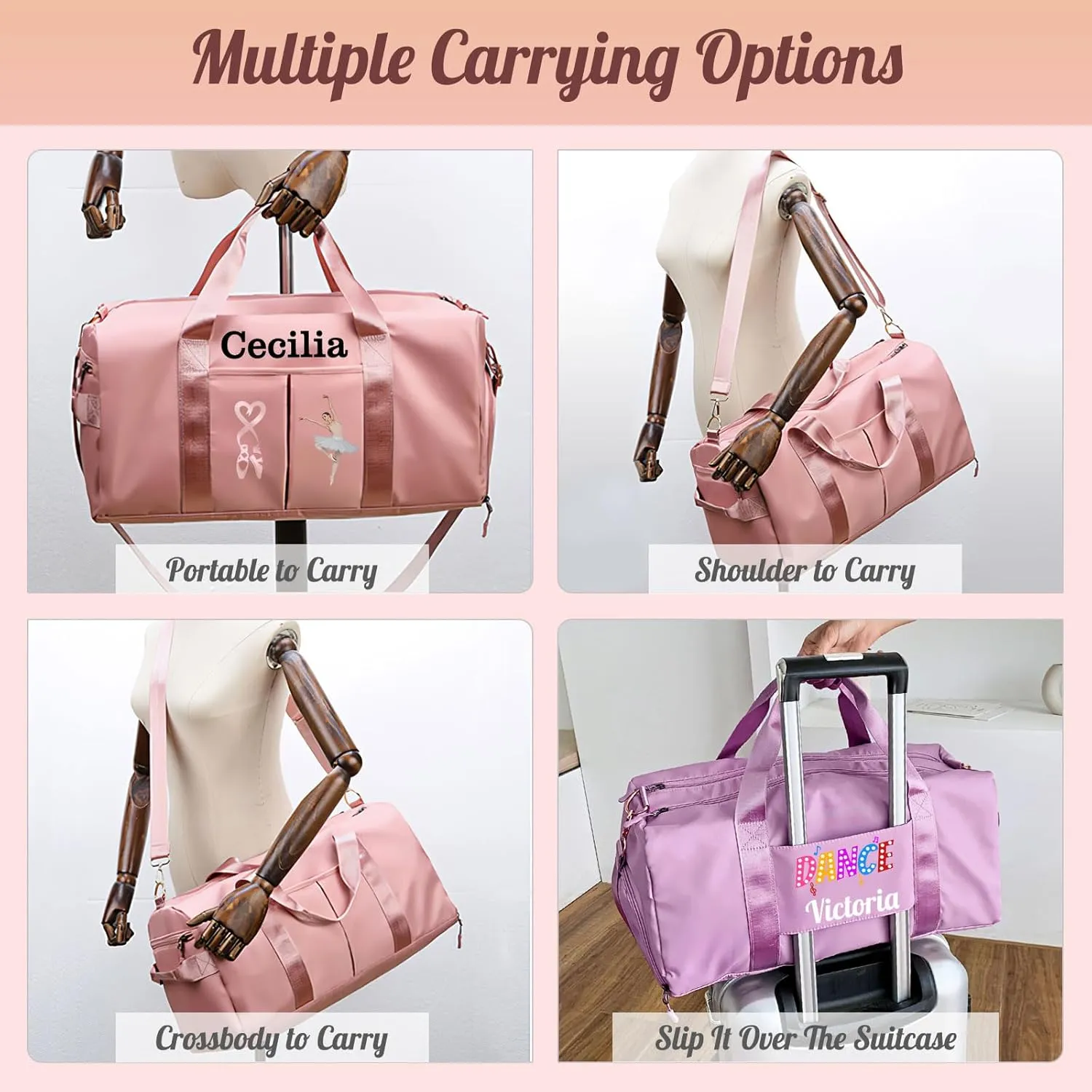 Personalized Duffel Bag Custom Dance Gym Bag Travel Bags Customized Embroidery Duffel Bags with Name Text for Women Men Girls, Pink