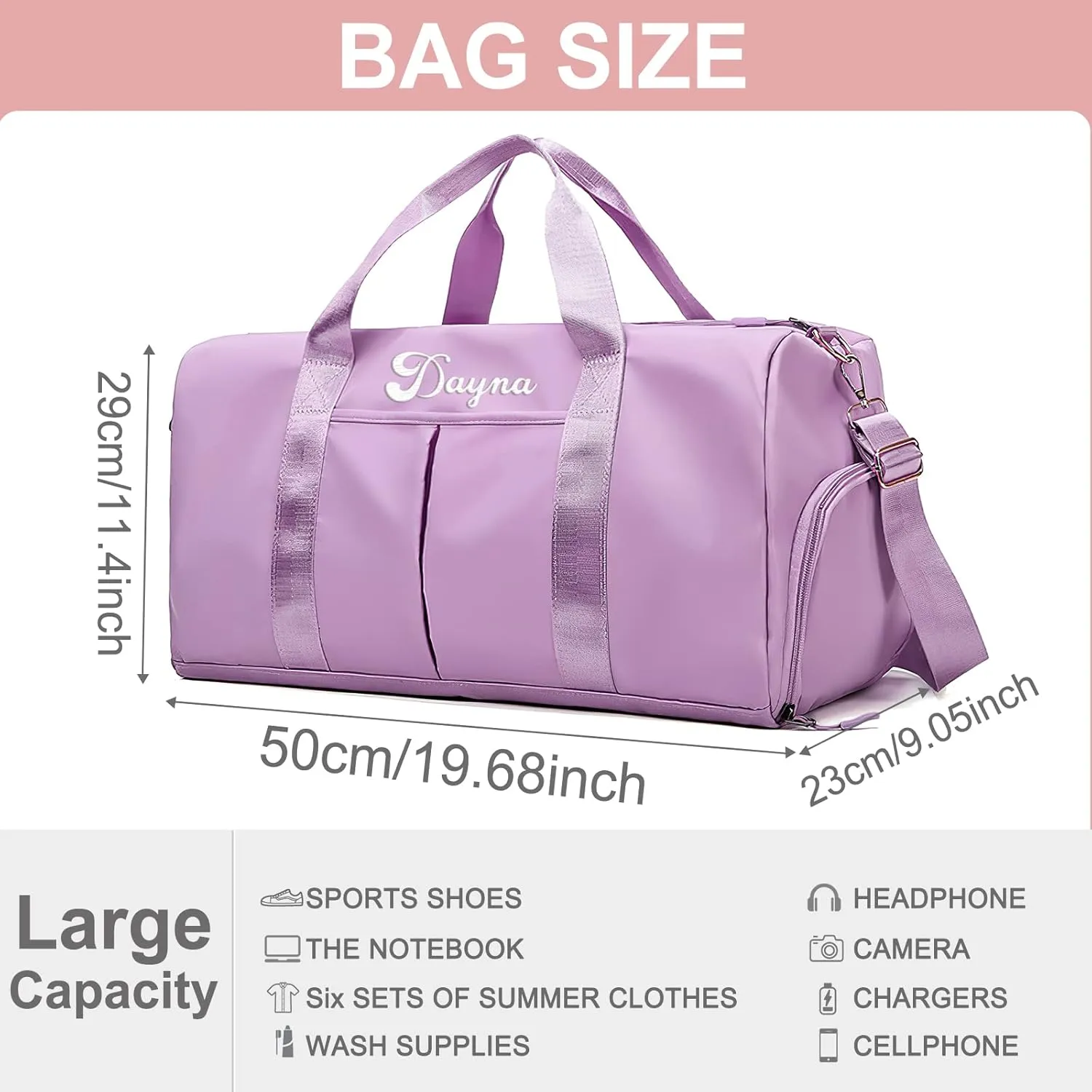 Personalized Duffel Bag Custom Embroidered Name Travel Bag Customized Weekender Overnight Sport Tote Bag for Women Men with Wet Dry Pockets Pink