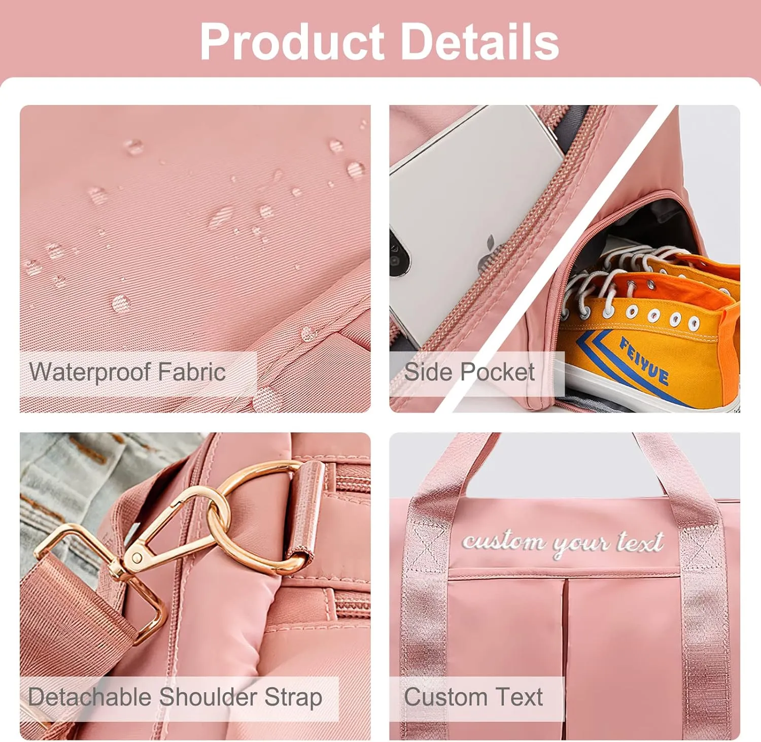 Personalized Duffel Bag Custom Embroidered Name Travel Bag Customized Weekender Overnight Sport Tote Bag for Women Men with Wet Dry Pockets Pink