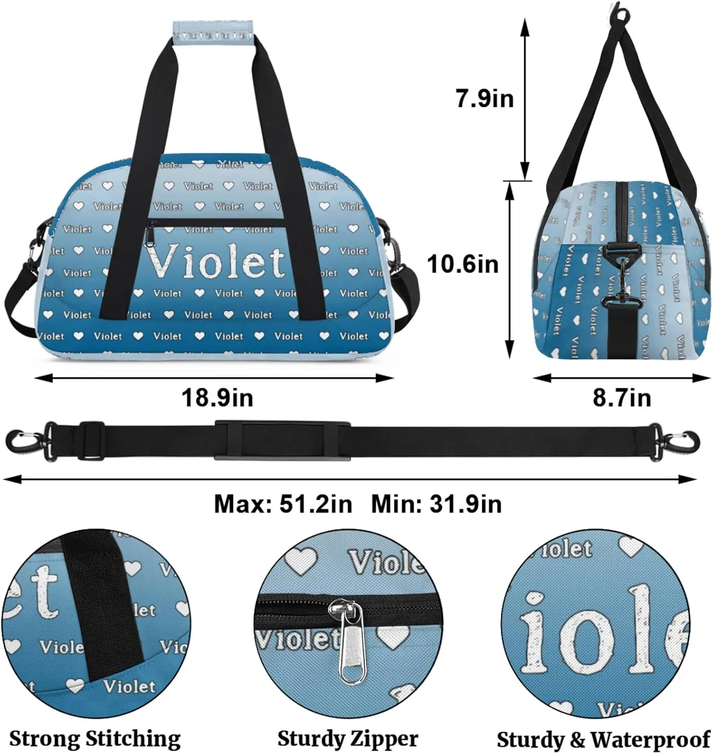 Personalized Duffel Bag Custom Sport Gym Travel Bags for Women Men, Customized Name Overnight Bags Weekender Bag, Blue Gradient