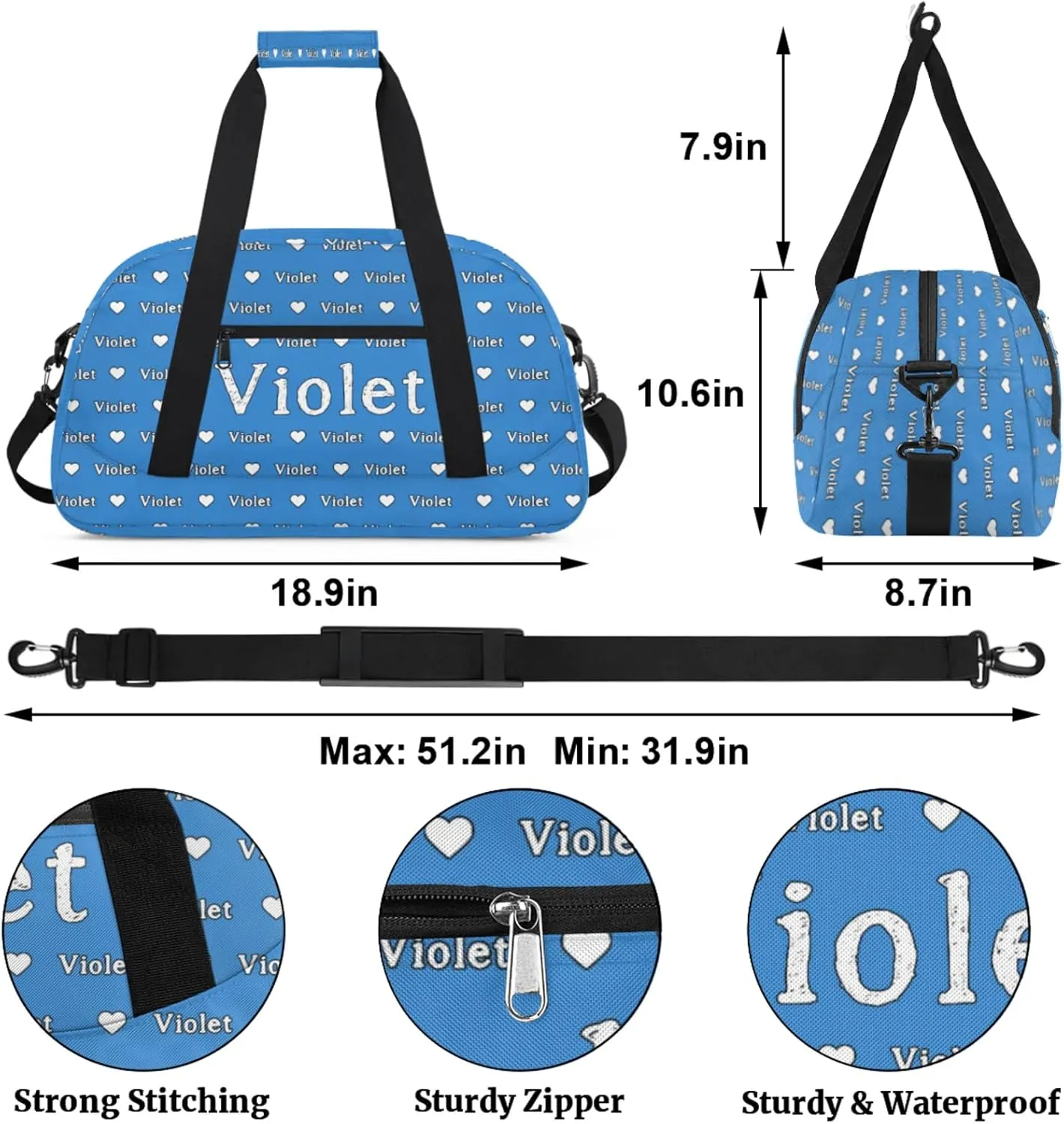 Personalized Duffel Bag Custom Sport Gym Travel Bags for Women Men, Customized Name Overnight Bags Weekender Bag, Blue