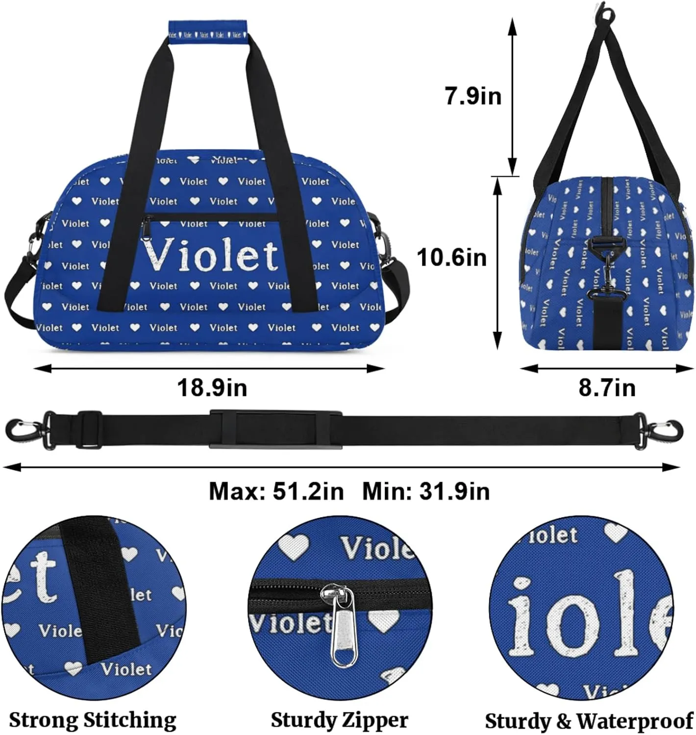 Personalized Duffel Bag Custom Sport Gym Travel Bags for Women Men, Customized Name Overnight Bags Weekender Bag, Cobalt Blue