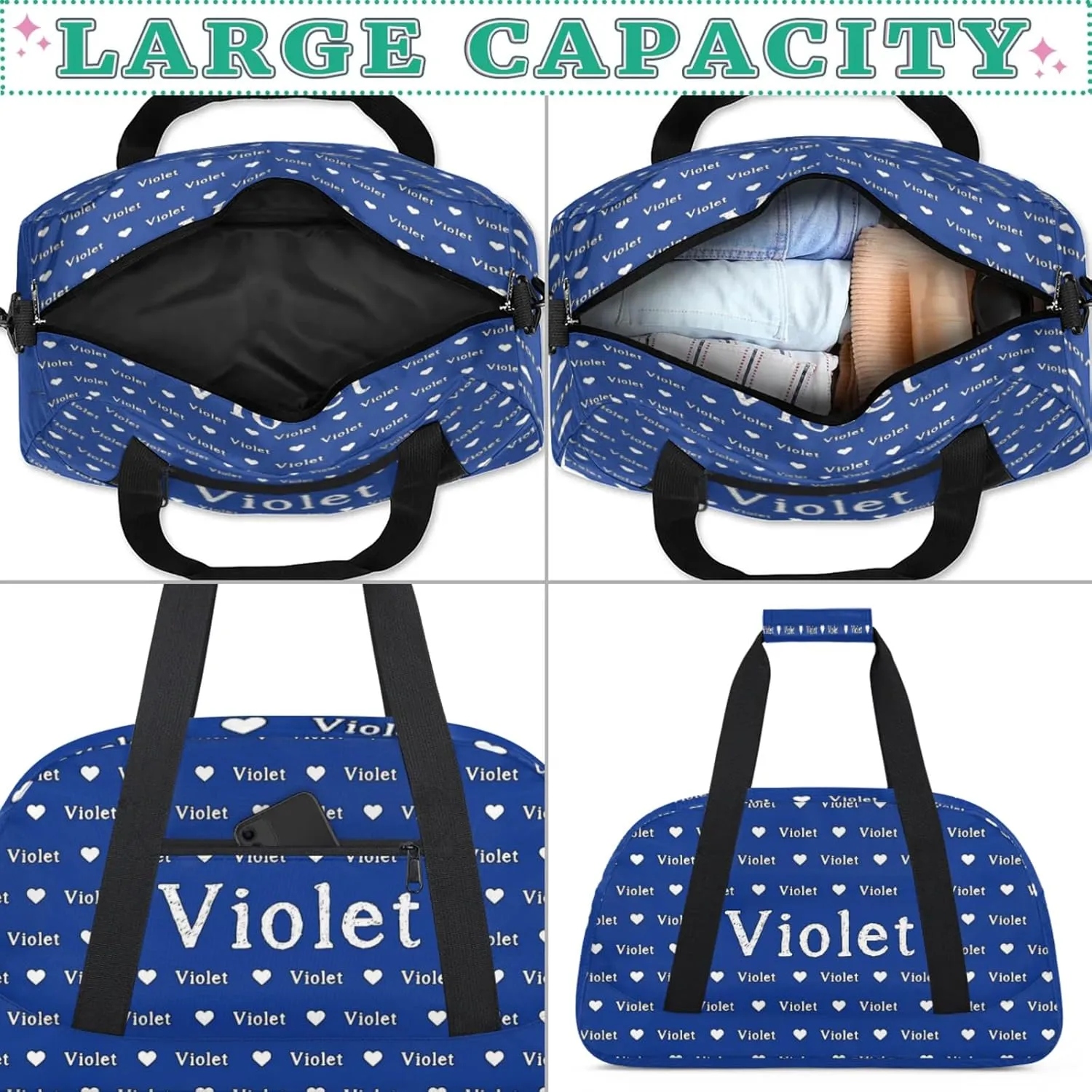 Personalized Duffel Bag Custom Sport Gym Travel Bags for Women Men, Customized Name Overnight Bags Weekender Bag, Cobalt Blue