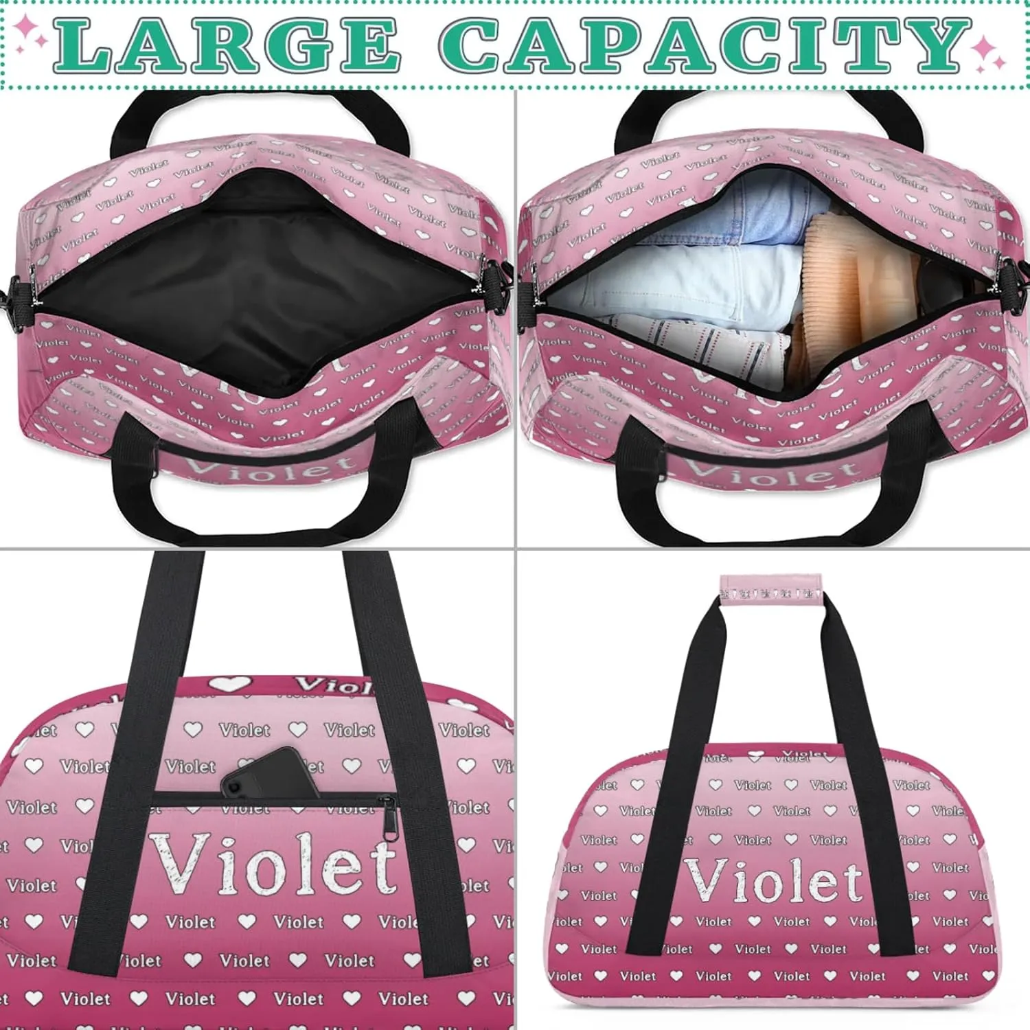 Personalized Duffel Bag Custom Sport Gym Travel Bags for Women Men, Customized Name Overnight Bags Weekender Bag, Dark Pink Gradient