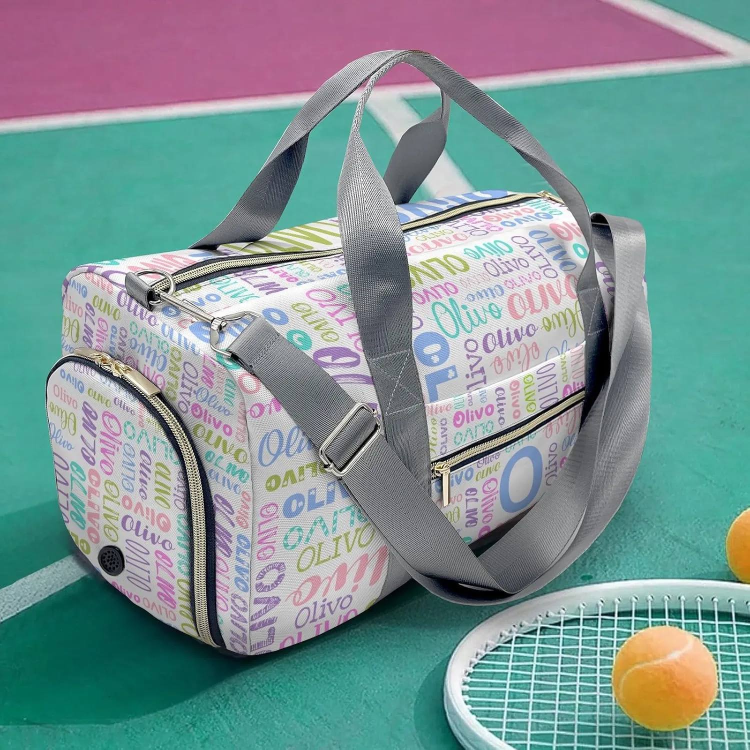 Personalized Duffel Bag with Name Custom Travel Bags for Woman Sports Gym Bag Wet Dry Pockets & Shoe Compartment Weekend Overnight Bag for Gift White