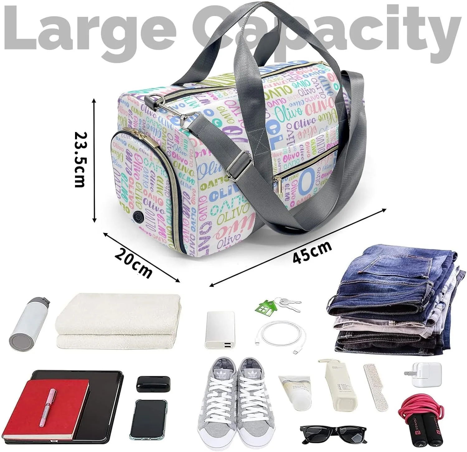 Personalized Duffel Bag with Name Custom Travel Bags for Woman Sports Gym Bag Wet Dry Pockets & Shoe Compartment Weekend Overnight Bag for Gift White