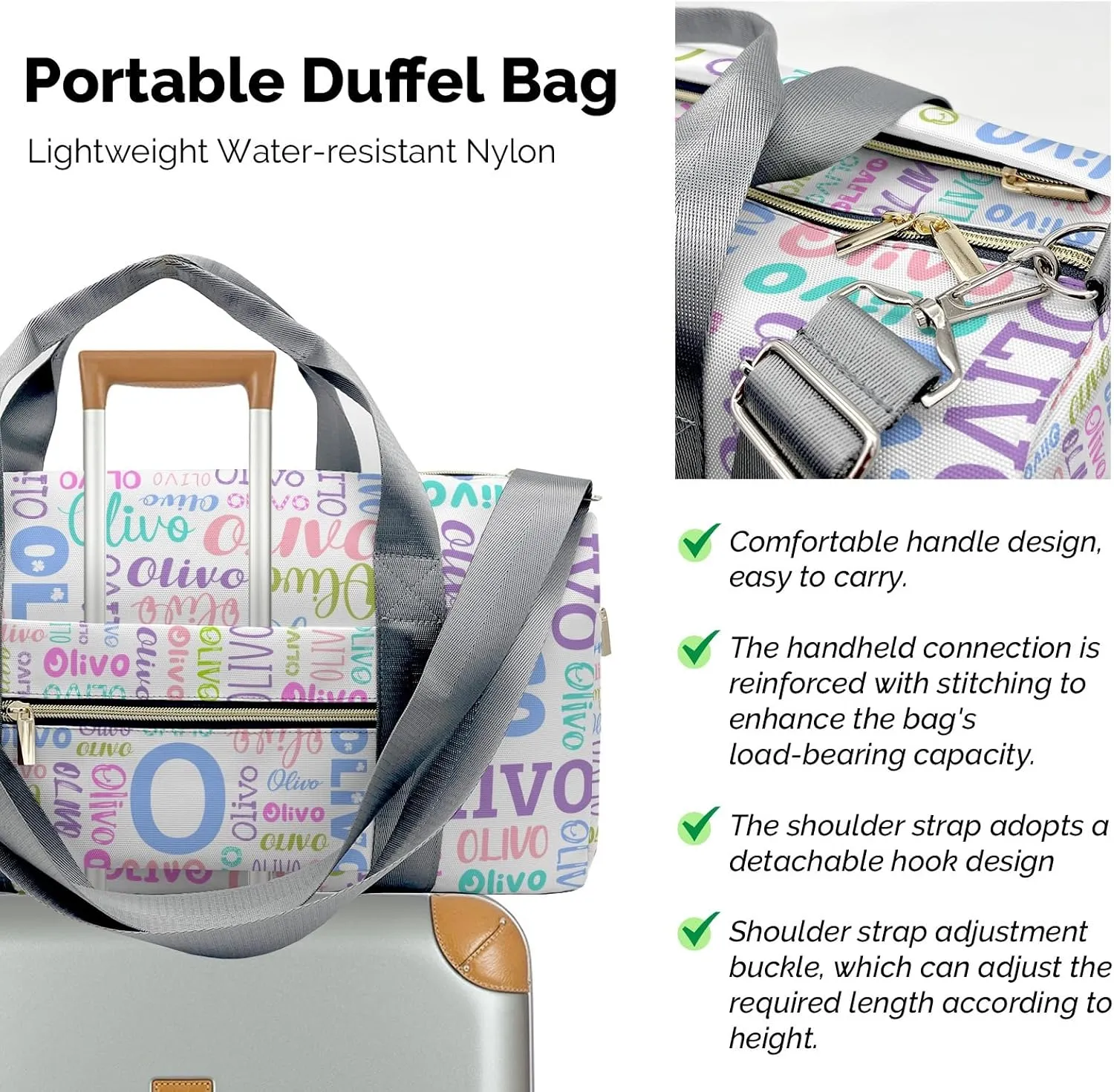 Personalized Duffel Bag with Name Custom Travel Bags for Woman Sports Gym Bag Wet Dry Pockets & Shoe Compartment Weekend Overnight Bag for Gift White