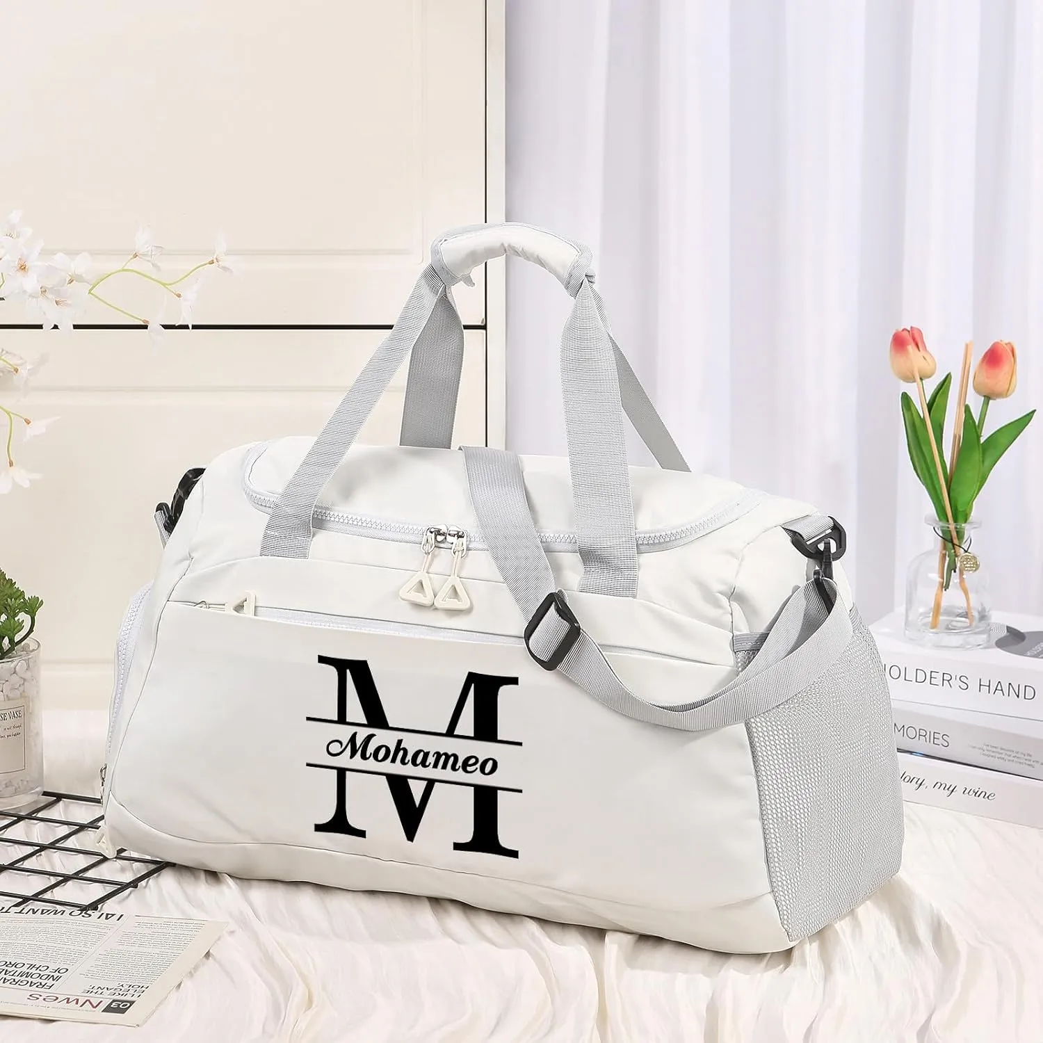 Personalized Duffel Bag with Name, Travel Duffel with Wet Pocket & Shoe Compartment, Sport Gym Bags for Women/Men, Overnight Bag for Traveling and Sports Enthusiasts (Style 1-White)