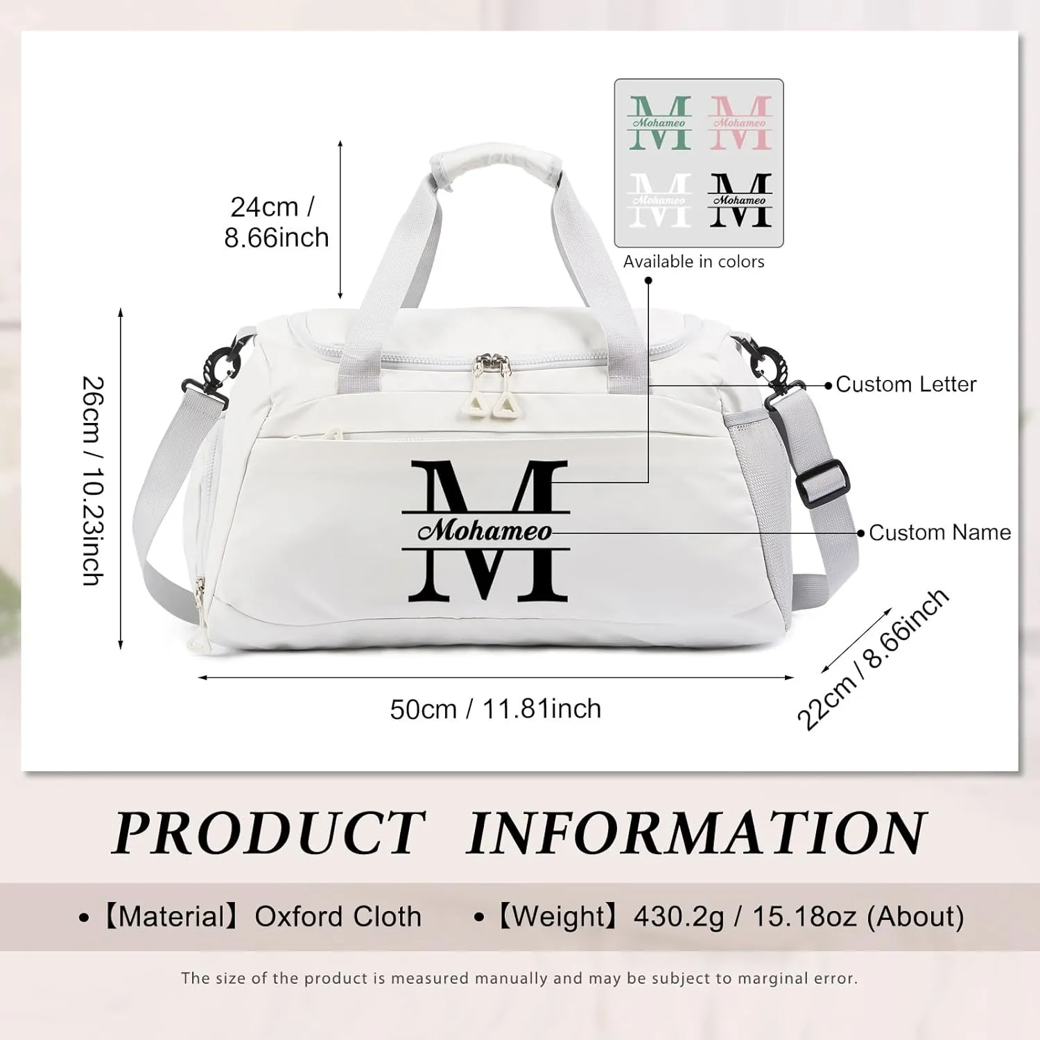 Personalized Duffel Bag with Name, Travel Duffel with Wet Pocket & Shoe Compartment, Sport Gym Bags for Women/Men, Overnight Bag for Traveling and Sports Enthusiasts (Style 1-White)