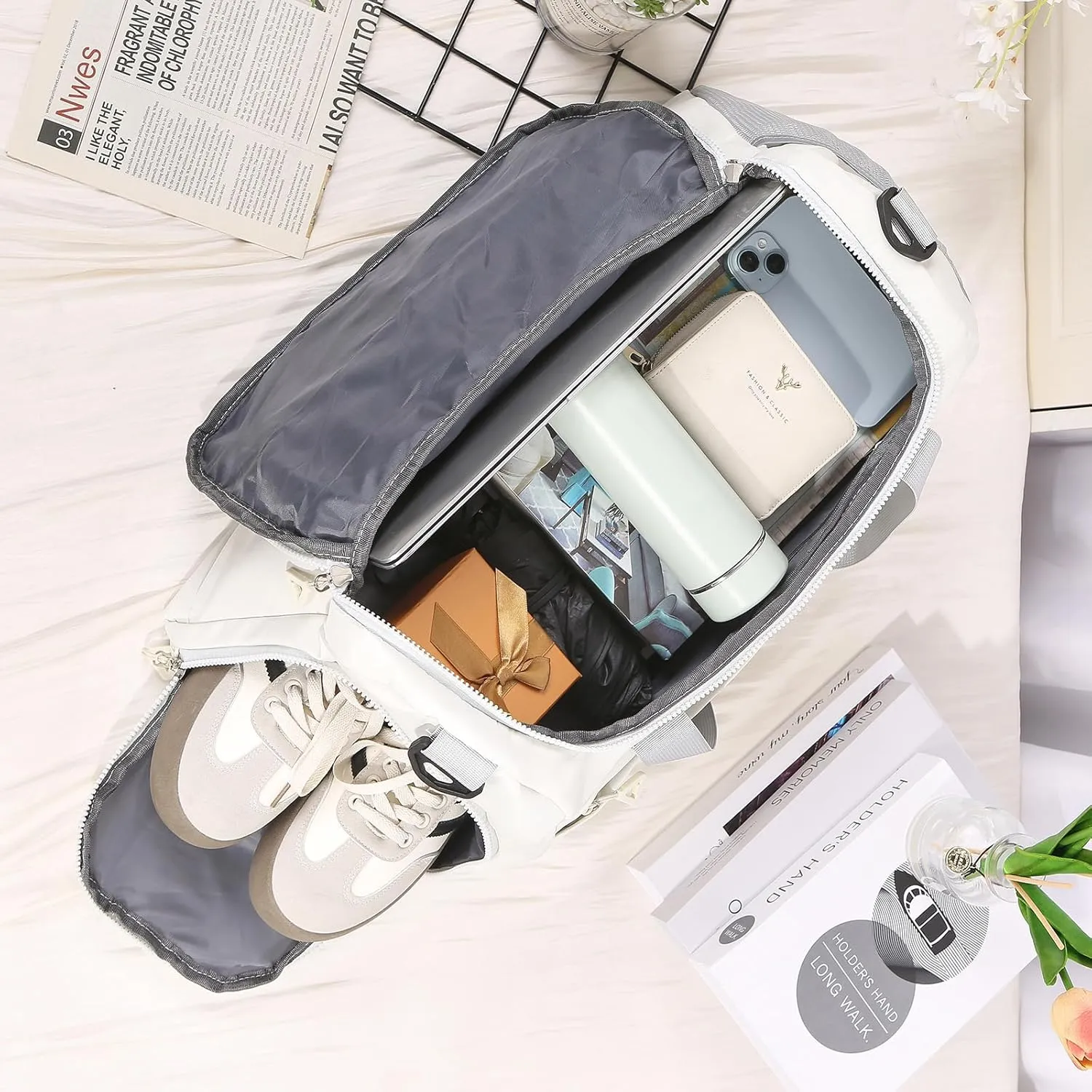 Personalized Duffel Bag with Name, Travel Duffel with Wet Pocket & Shoe Compartment, Sport Gym Bags for Women/Men, Overnight Bag for Traveling and Sports Enthusiasts (Style 1-White)