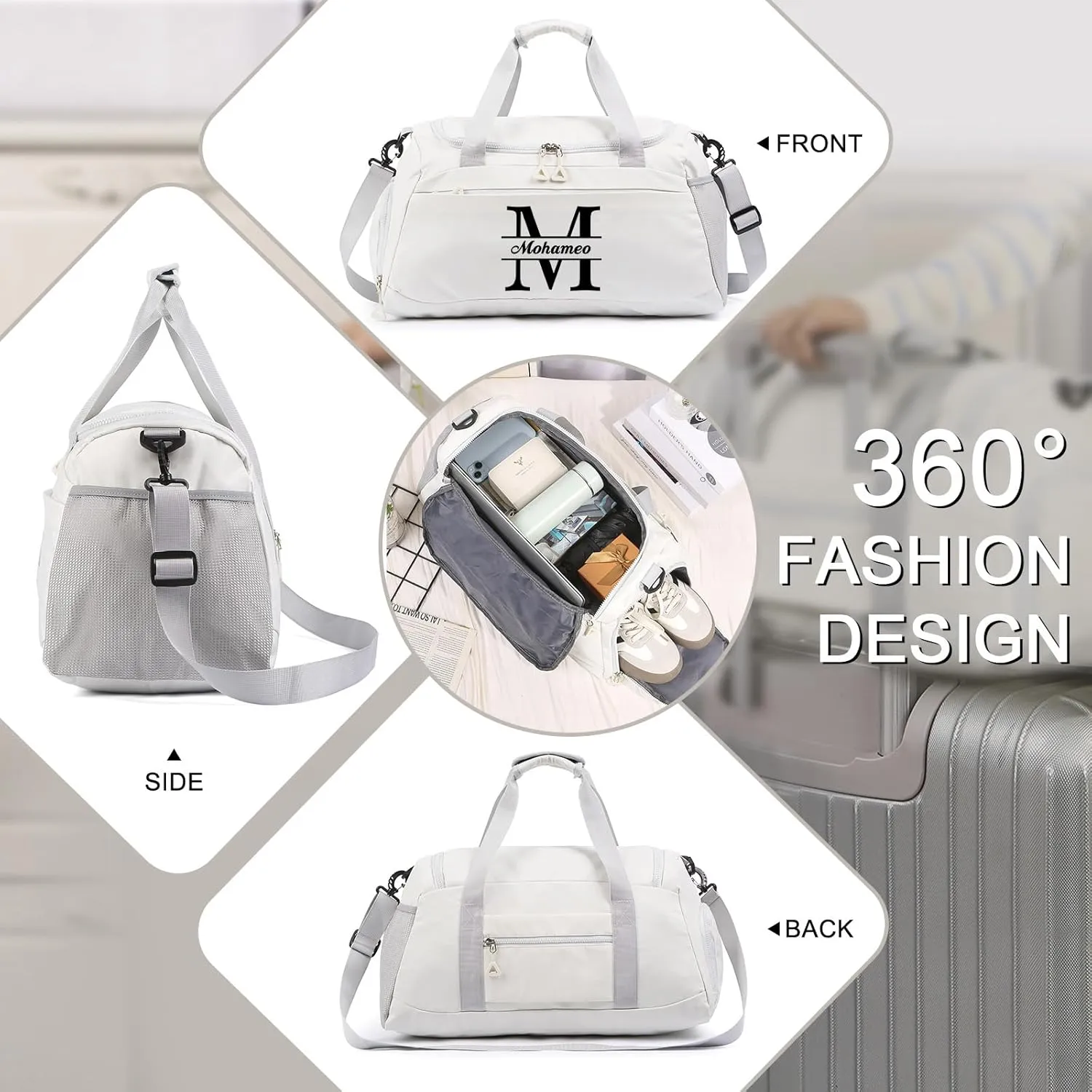 Personalized Duffel Bag with Name, Travel Duffel with Wet Pocket & Shoe Compartment, Sport Gym Bags for Women/Men, Overnight Bag for Traveling and Sports Enthusiasts (Style 1-White)