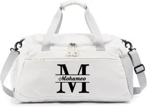 Personalized Duffel Bag with Name, Travel Duffel with Wet Pocket & Shoe Compartment, Sport Gym Bags for Women/Men, Overnight Bag for Traveling and Sports Enthusiasts (Style 1-White)