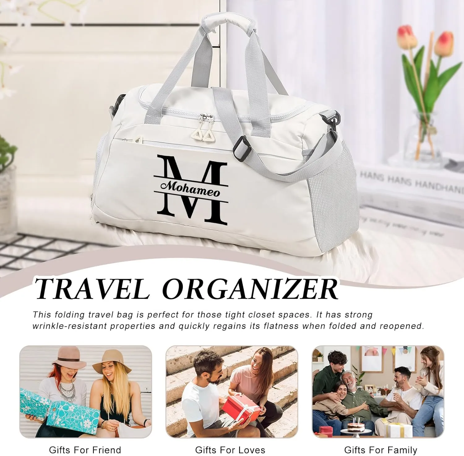 Personalized Duffel Bag with Name, Travel Duffel with Wet Pocket & Shoe Compartment, Sport Gym Bags for Women/Men, Overnight Bag for Traveling and Sports Enthusiasts (Style 1-White)