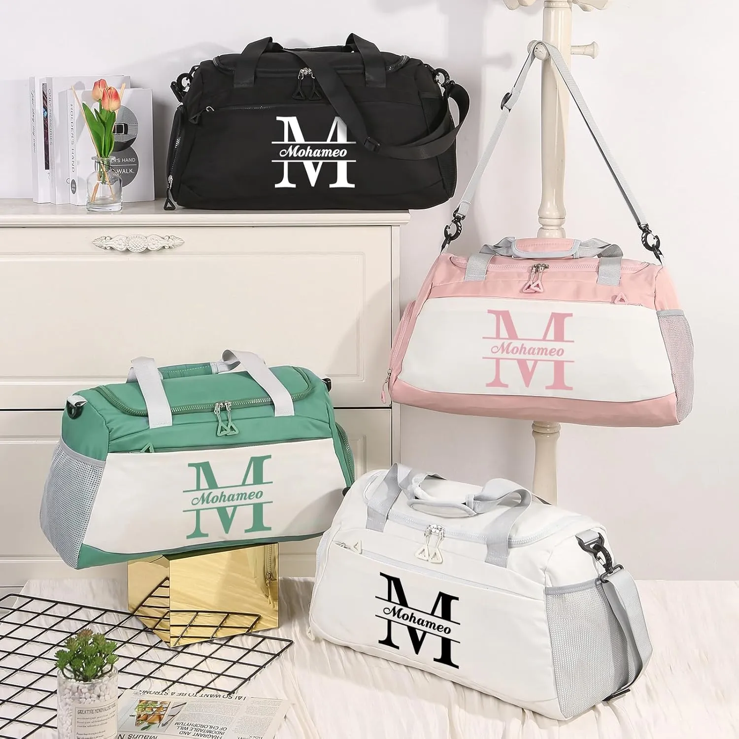 Personalized Duffel Bag with Name, Travel Duffel with Wet Pocket & Shoe Compartment, Sport Gym Bags for Women/Men, Overnight Bag for Traveling and Sports Enthusiasts (Style 1-White)