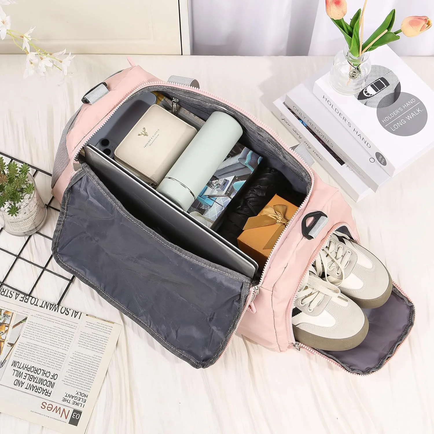 Personalized Duffel Bag with Name, Travel Duffel with Wet Pocket & Shoe Compartment, Sport Gym Bags for Women/Men, Overnight Bag for Traveling and Sports Enthusiasts (Style 2-Pink)