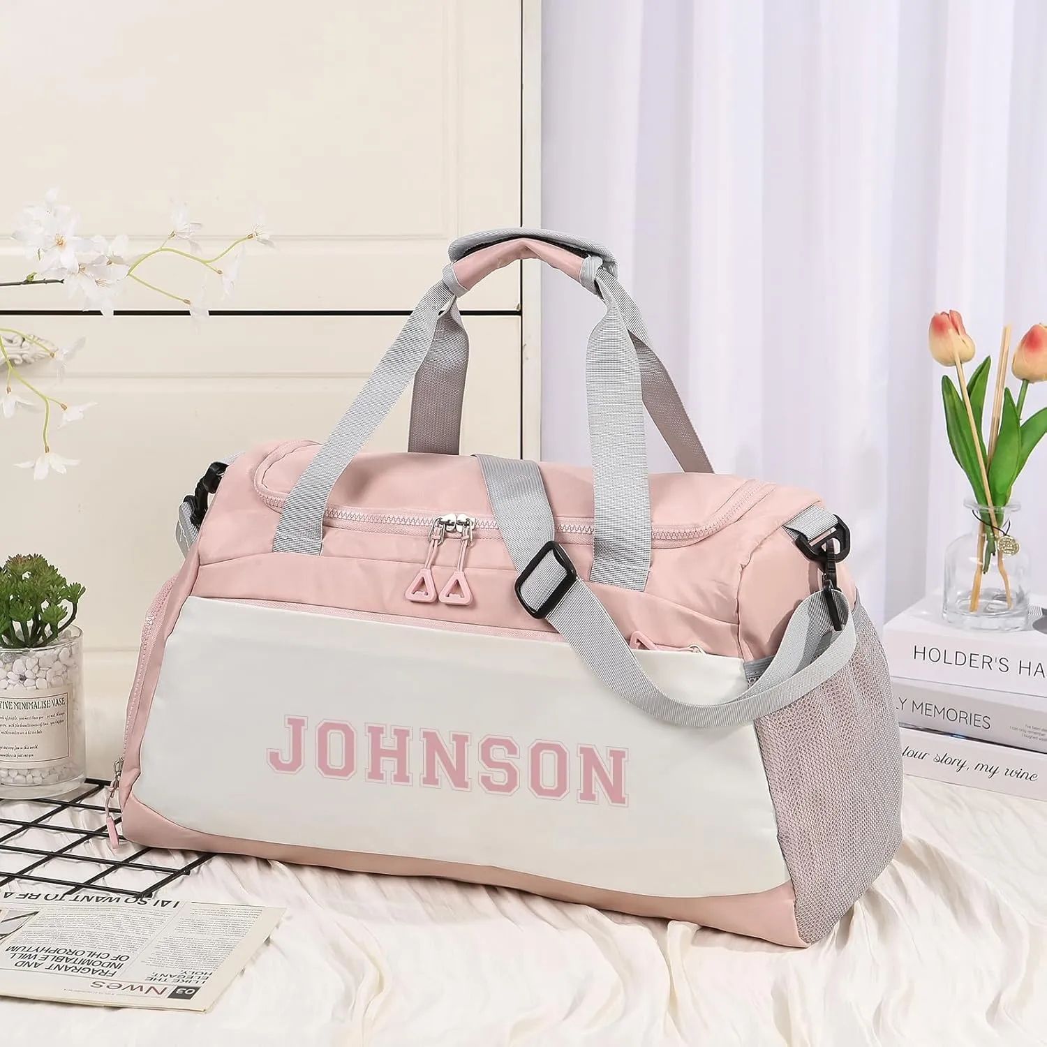 Personalized Duffel Bag with Name, Travel Duffel with Wet Pocket & Shoe Compartment, Sport Gym Bags for Women/Men, Overnight Bag for Traveling and Sports Enthusiasts (Style 2-Pink)