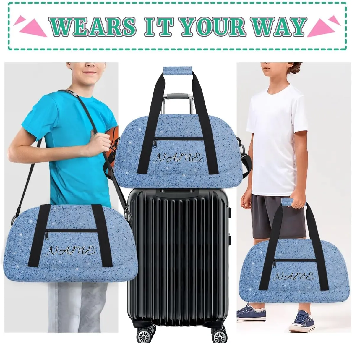 Personalized Duffle Bag, Custom Name Sport Gym Bag Weekender Overnight Bags Travel Duffel Bag, Blue Glitter