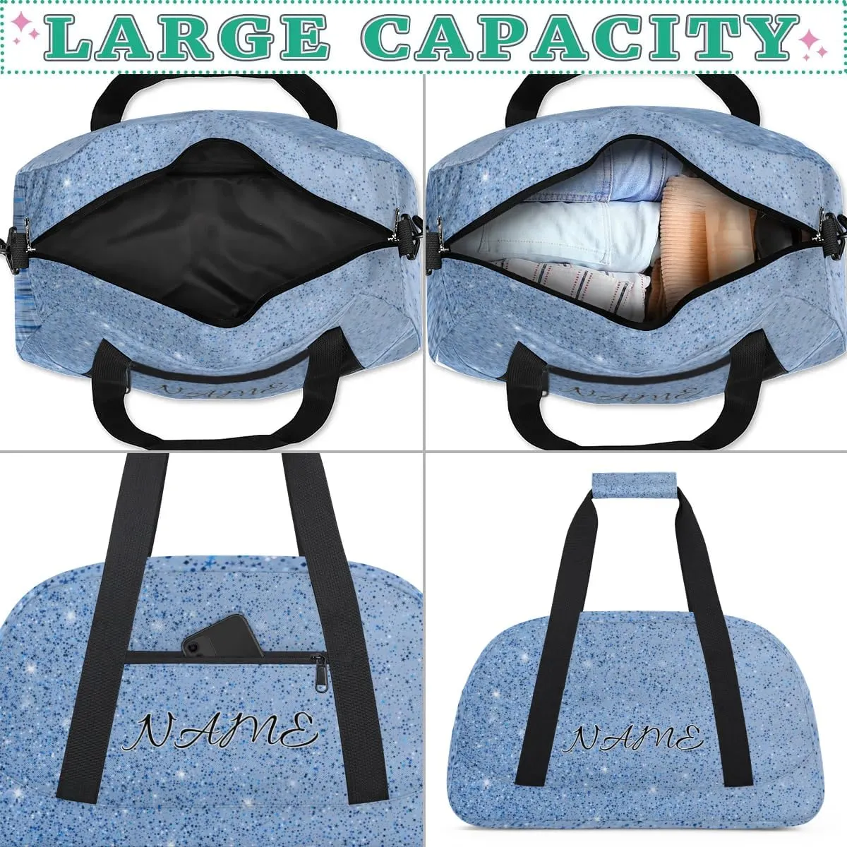 Personalized Duffle Bag, Custom Name Sport Gym Bag Weekender Overnight Bags Travel Duffel Bag, Blue Glitter
