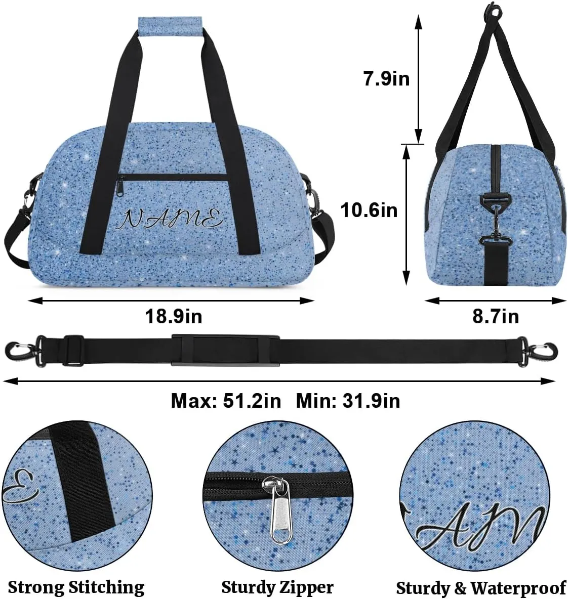 Personalized Duffle Bag, Custom Name Sport Gym Bag Weekender Overnight Bags Travel Duffel Bag, Blue Glitter