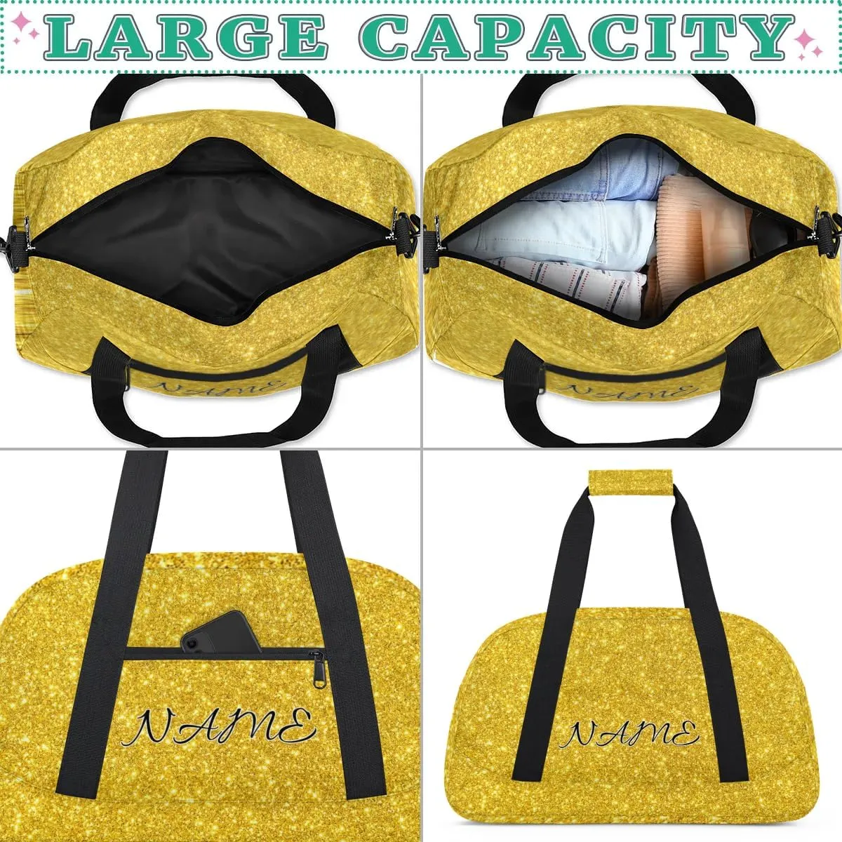Personalized Duffle Bag, Custom Name Sport Gym Bag Weekender Overnight Bags Travel Duffel Bag, Golden Shiny