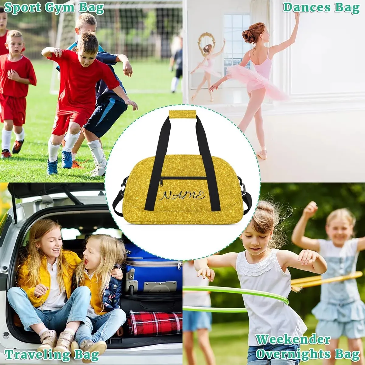 Personalized Duffle Bag, Custom Name Sport Gym Bag Weekender Overnight Bags Travel Duffel Bag, Golden Shiny