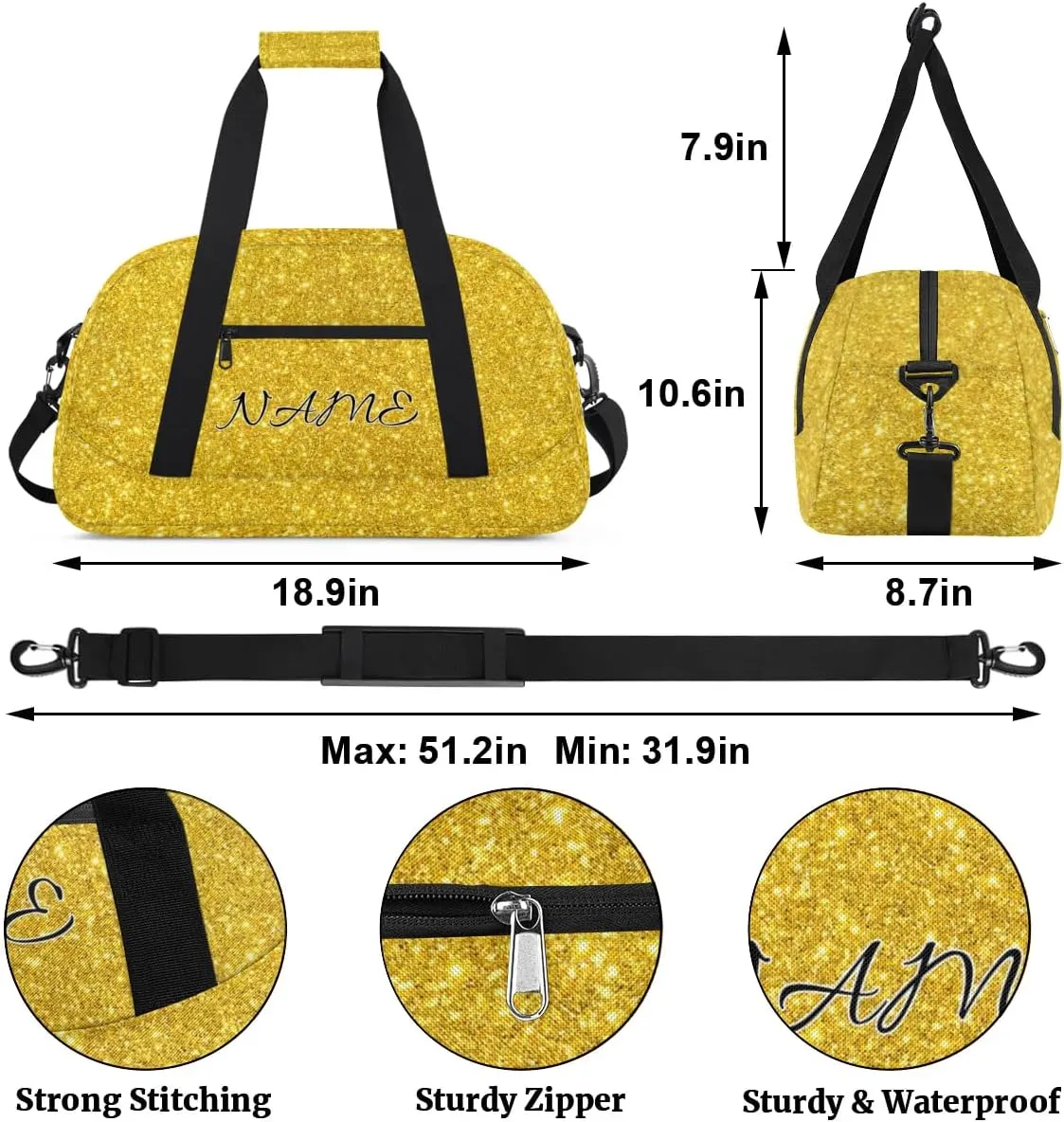 Personalized Duffle Bag, Custom Name Sport Gym Bag Weekender Overnight Bags Travel Duffel Bag, Golden Shiny