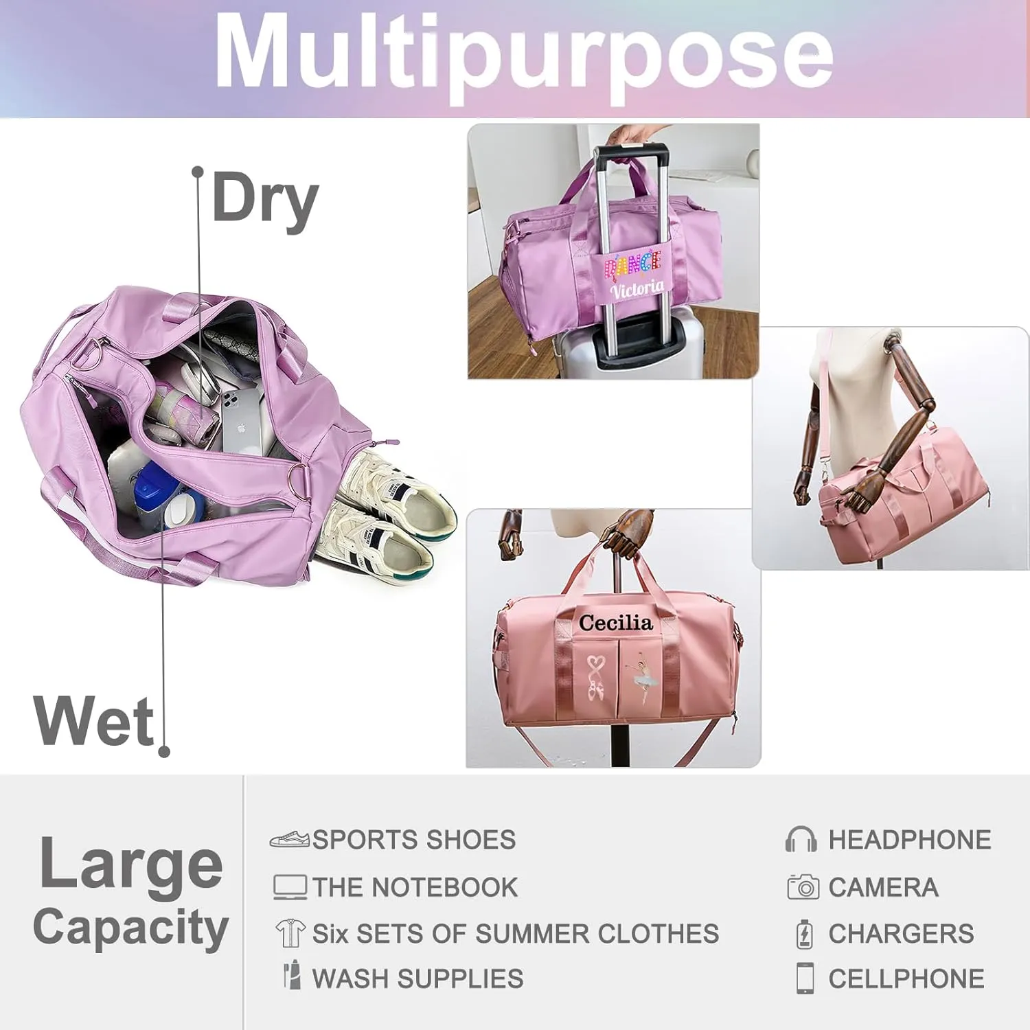 Personalized Duffle Bag Printed with Name Photo, Custom Duffle Gym Bags with Wet Dry Pockets & Shoe for Dance Sport Yoga,Personalized Gym Bag for Women Men,Personalized Travel Bag Black