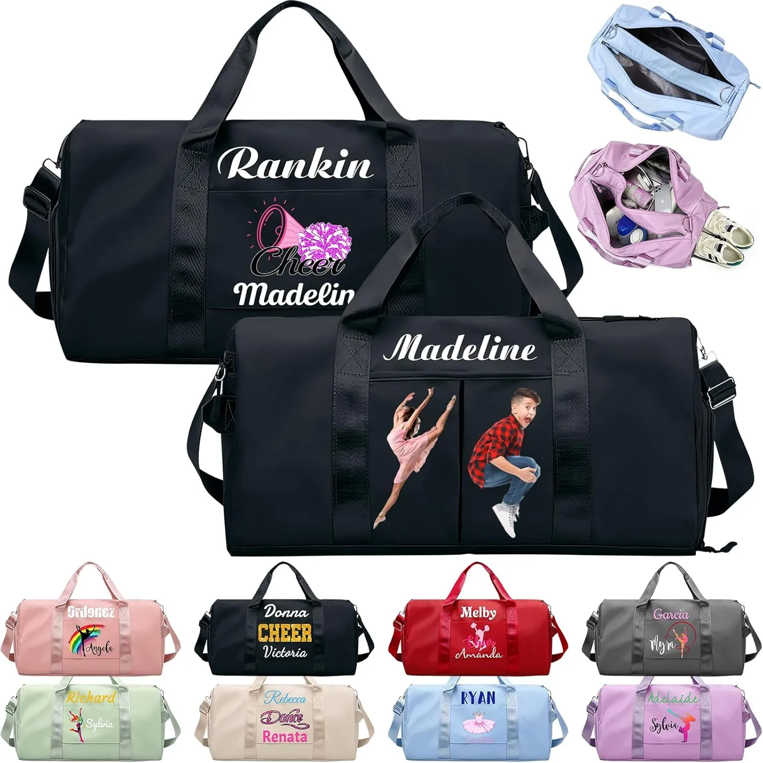 Personalized Duffle Bag Printed with Name Photo, Custom Duffle Gym Bags with Wet Dry Pockets & Shoe for Dance Sport Yoga,Personalized Gym Bag for Women Men,Personalized Travel Bag Black