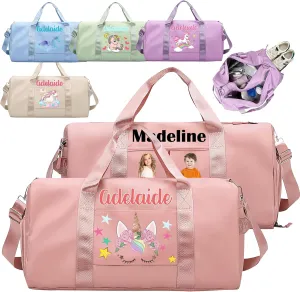 Personalized Duffle Bags with Name Photo Custom Sports Gym Bag Travel with Wet Dry Pockets Shoe Compartment Customizable Duffle Bag for Dance Football Ballet Team Cheer-Unicorn