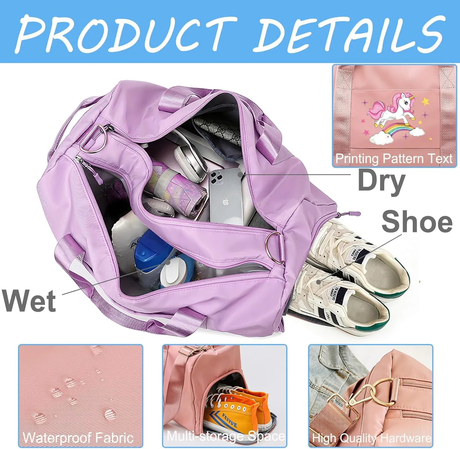 Personalized Duffle Bags with Name Photo Custom Sports Gym Bag Travel with Wet Dry Pockets Shoe Compartment Customizable Duffle Bag for Dance Football Ballet Team Cheer-Unicorn