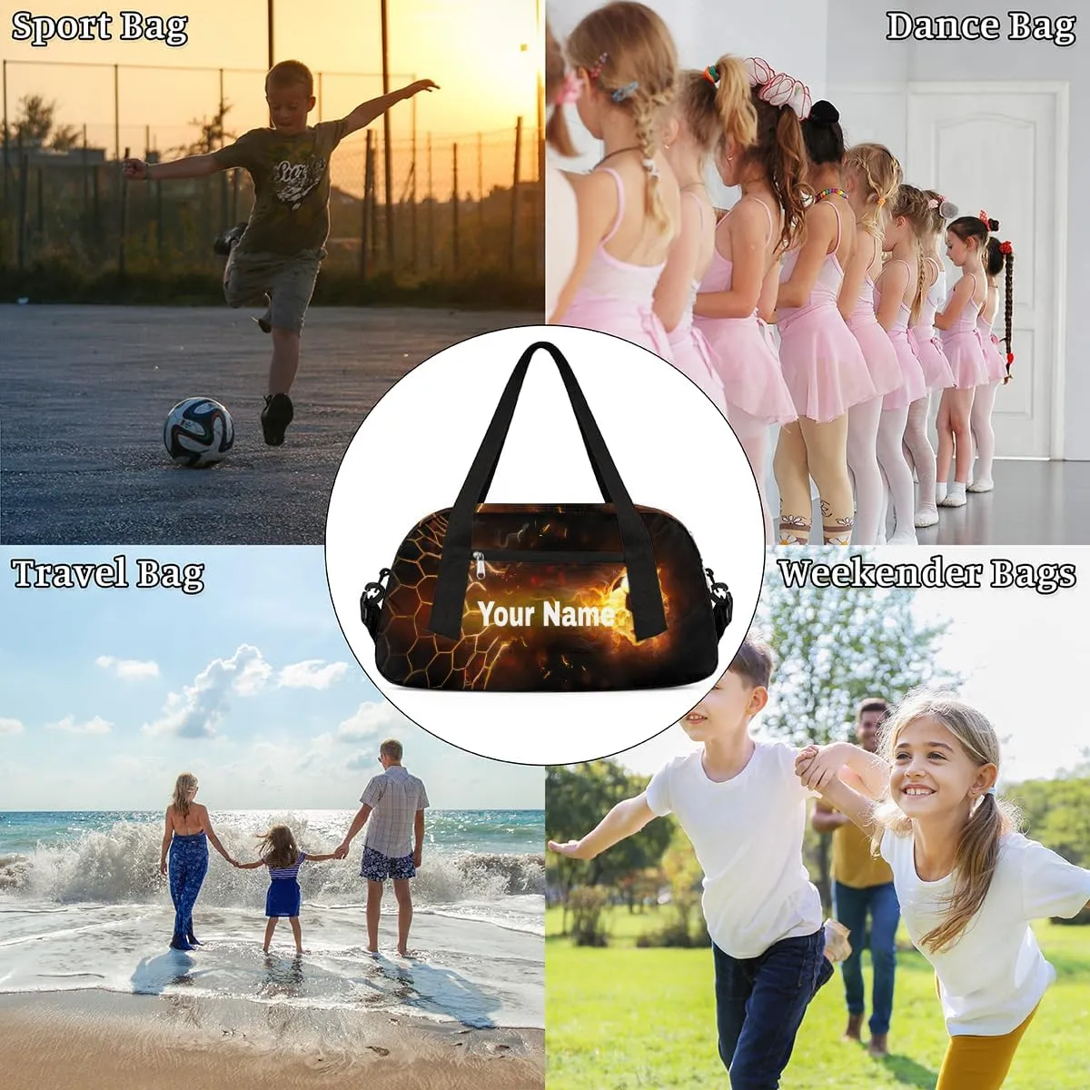 Personalized Fire Soccer Sport Duffel Bag Custom Name Kids Gym Bags Carry On Travel Bag Weekender Overnight Bag for Boys Girls Teens