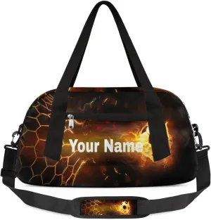Personalized Fire Soccer Sport Duffel Bag Custom Name Kids Gym Bags Carry On Travel Bag Weekender Overnight Bag for Boys Girls Teens