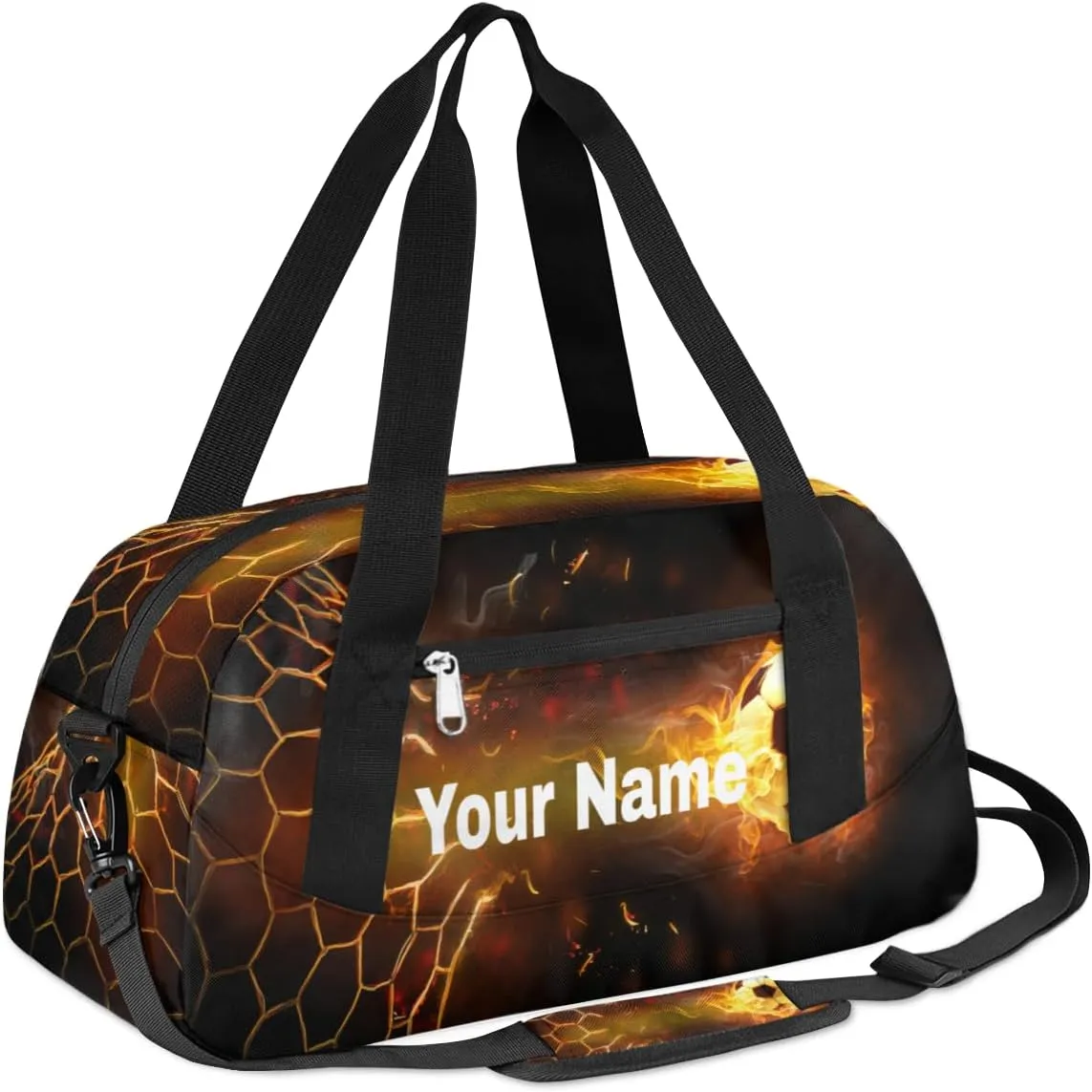 Personalized Fire Soccer Sport Duffel Bag Custom Name Kids Gym Bags Carry On Travel Bag Weekender Overnight Bag for Boys Girls Teens