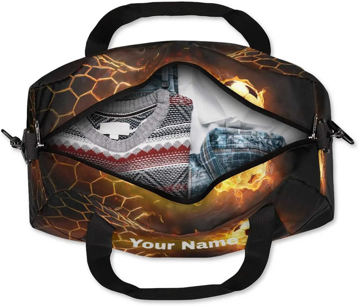 Personalized Fire Soccer Sport Duffel Bag Custom Name Kids Gym Bags Carry On Travel Bag Weekender Overnight Bag for Boys Girls Teens