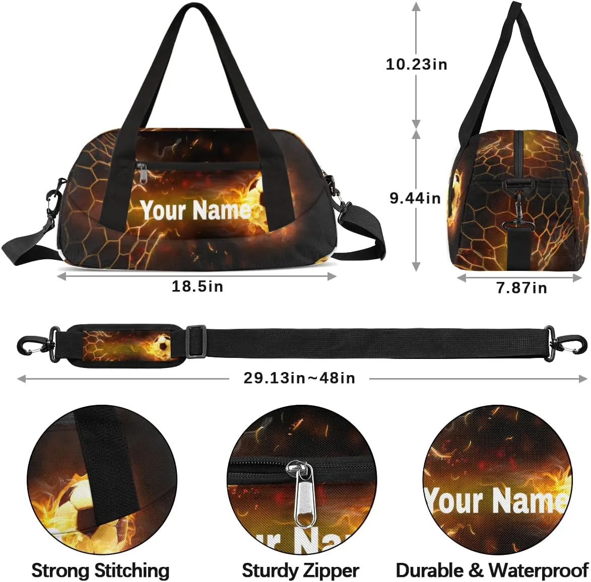 Personalized Fire Soccer Sport Duffel Bag Custom Name Kids Gym Bags Carry On Travel Bag Weekender Overnight Bag for Boys Girls Teens