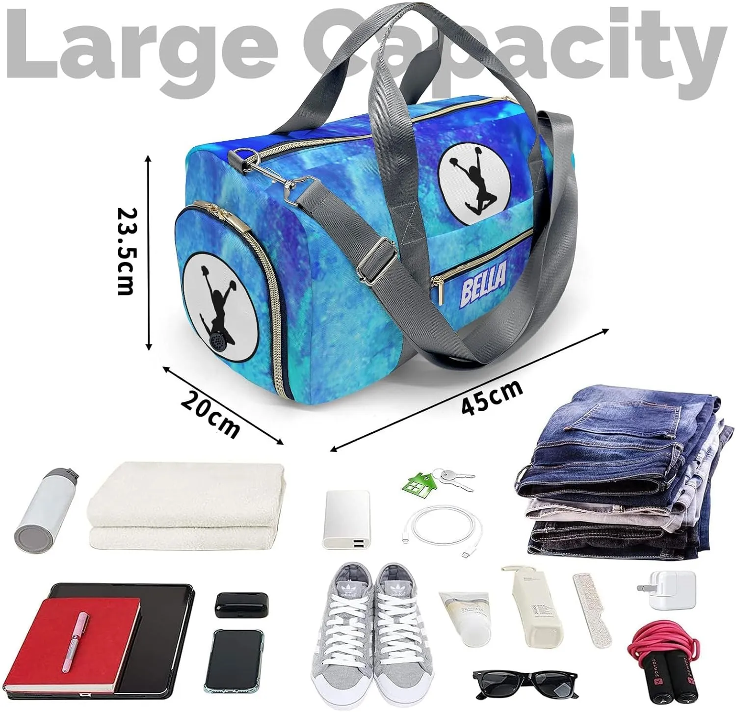 Personalized Gift Duffel Bag Cheerleader Watercolor Blue Travel in Style: Trendy Bags for Sport and Leisure
