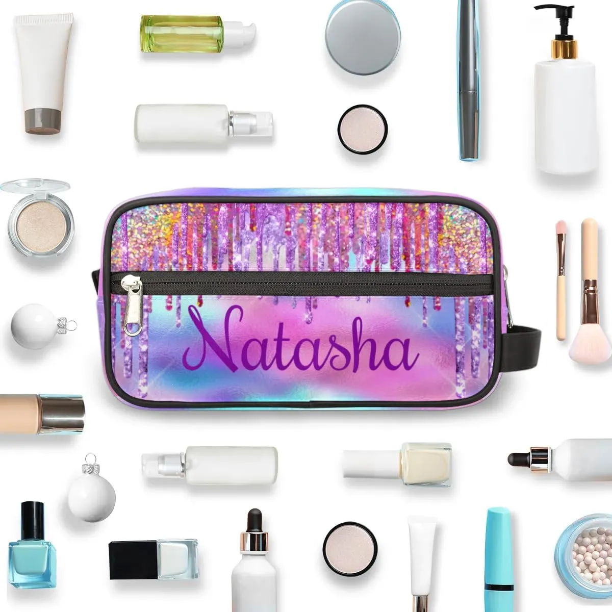 Personalized Gift Travel Makeup Bag for Women Girls, Cosmetic Bag Make Up Bag Organizer Toiletry Bag Christmas Birthday Mother's Day Gift Rainbow Glitter Drip