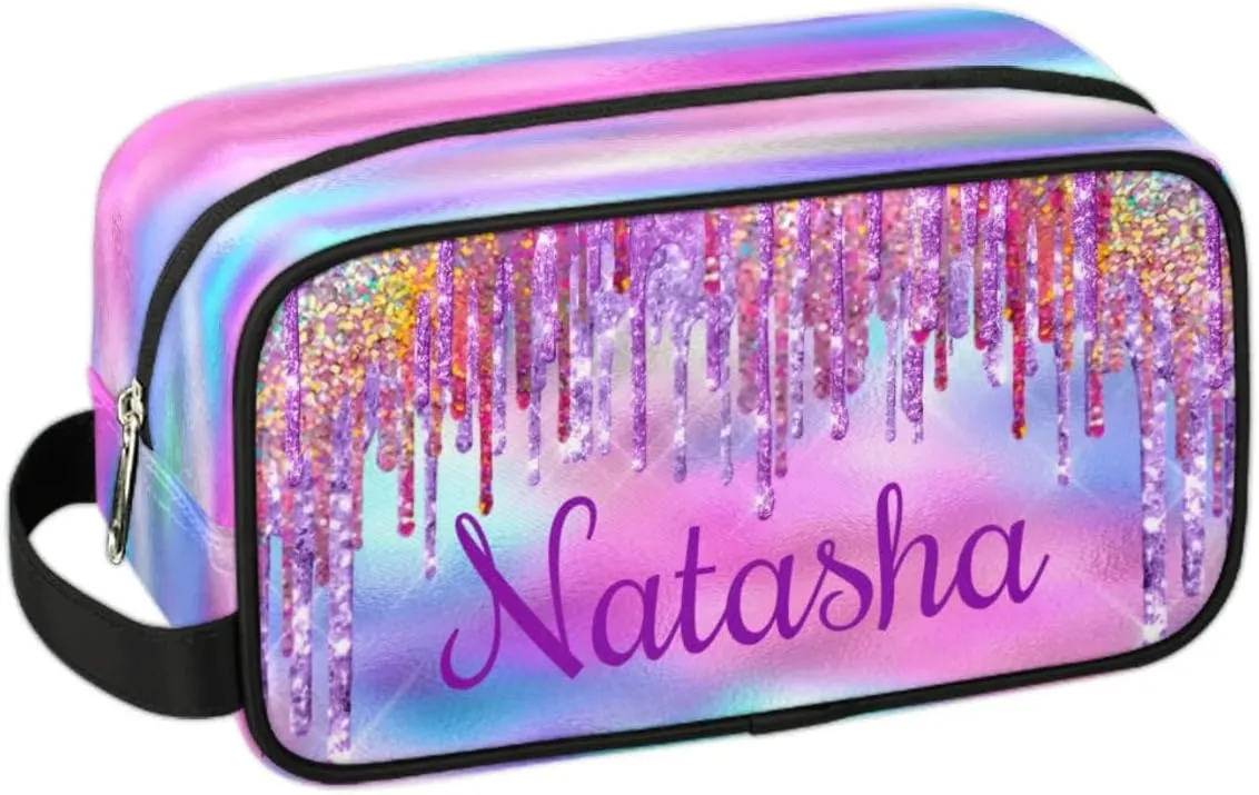 Personalized Gift Travel Makeup Bag for Women Girls, Cosmetic Bag Make Up Bag Organizer Toiletry Bag Christmas Birthday Mother's Day Gift Rainbow Glitter Drip