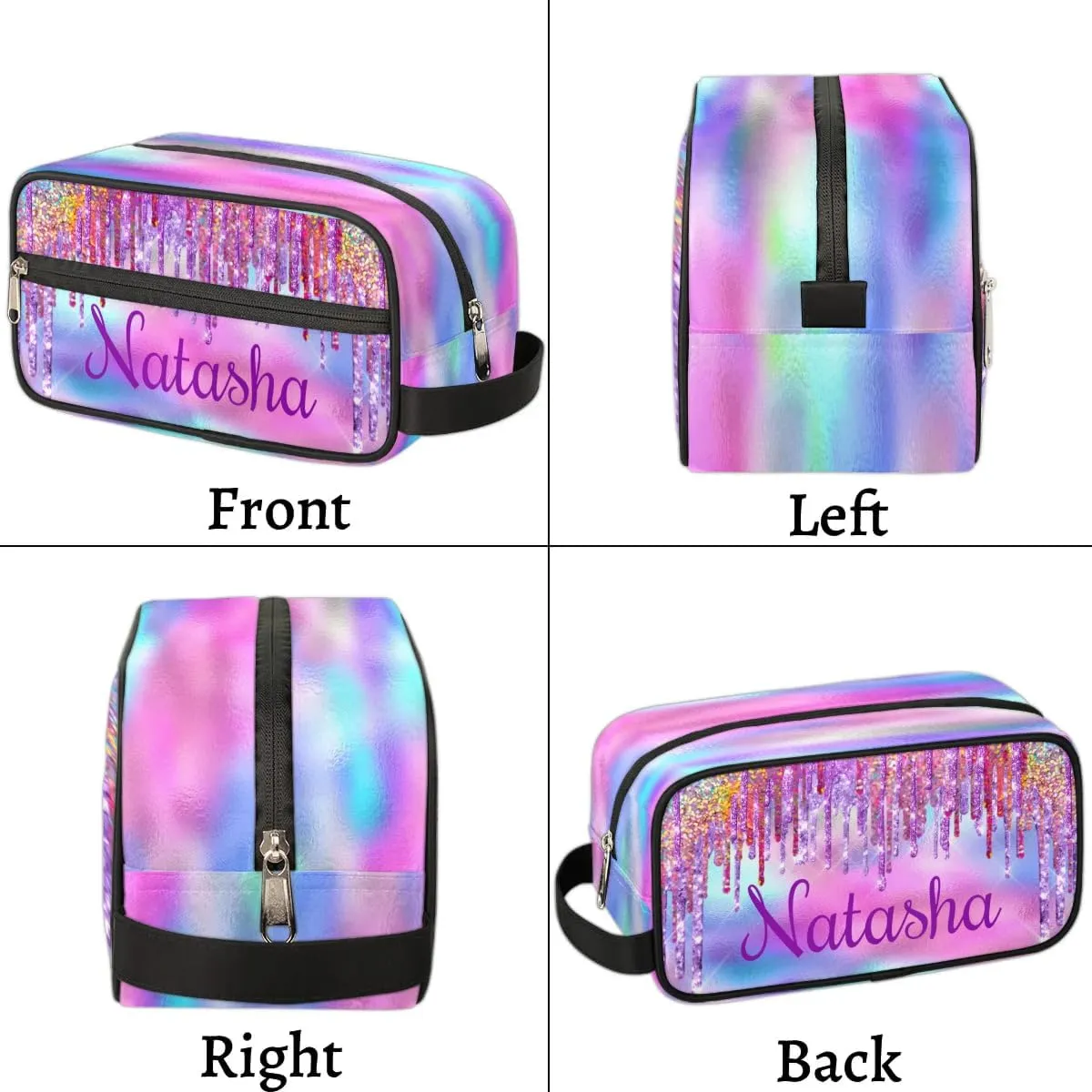 Personalized Gift Travel Makeup Bag for Women Girls, Cosmetic Bag Make Up Bag Organizer Toiletry Bag Christmas Birthday Mother's Day Gift Rainbow Glitter Drip
