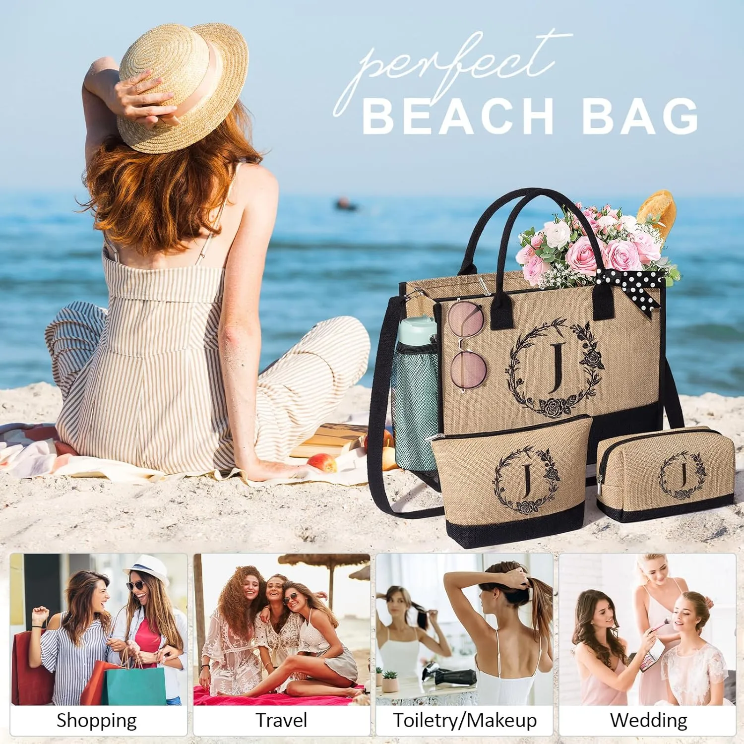 Personalized Gifts for Women Tote Bag, Initial Jute Tote Bag & Makeup Bags Monogrammed Beach Bag w/ Zipper, Birthday Gifts Mothers Day Gift for Mom Women Her Friend Sister Wife Grandma Teacher Nurse